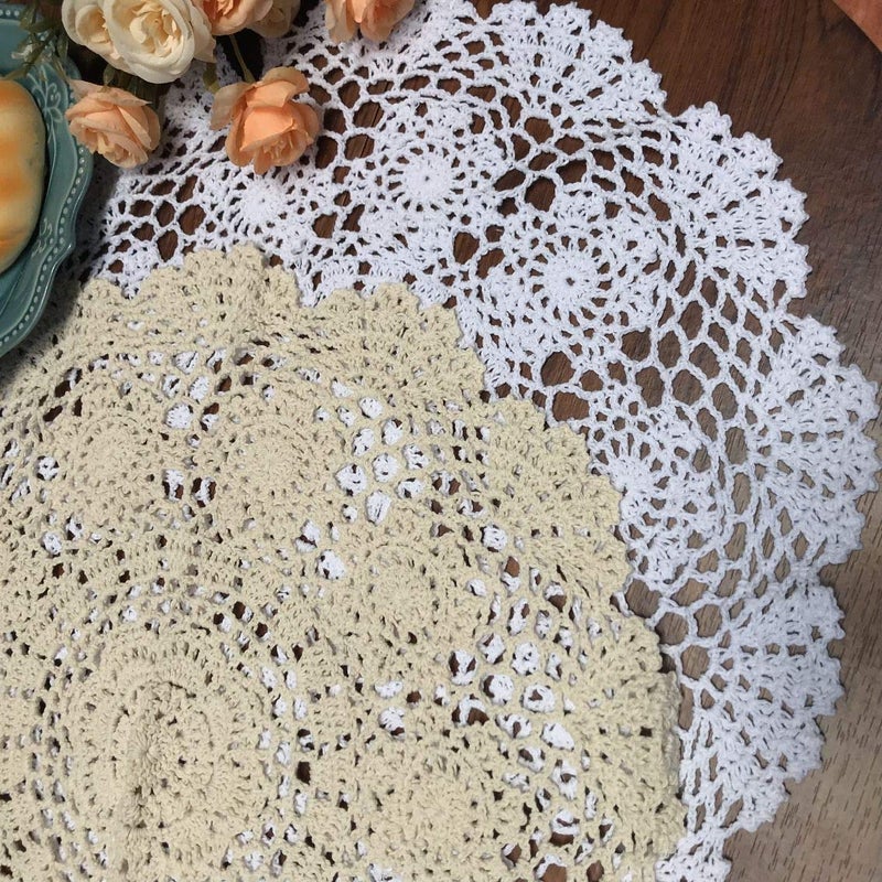 Damanni White Cotton Handmade Crochet Lace Tablecloth Doilies Table Overlay,Round,16 Inch,2PCS - Image 5